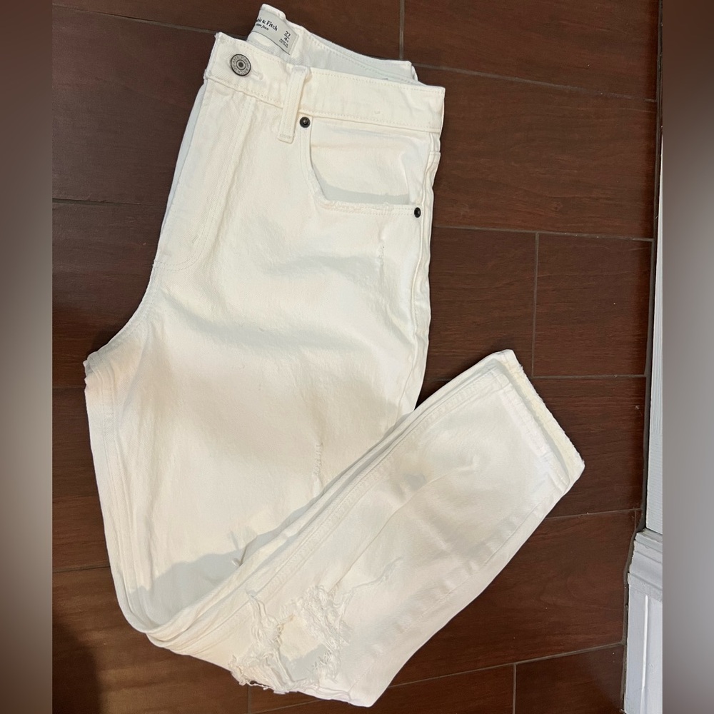 Abercrombie and Fitch High Rise Mom jeans; 4/27R; destroyed white